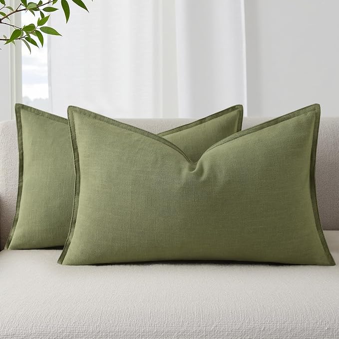 decorUhome Fall Olive Green Linen Throw Pillow Covers 12x20 Set of 2 | Decorative Soft Cozy Modern Farmhouse Boho Accent Pillow Cases with Flange Edges for Couch Bed Sofa Living Room Home Decor
