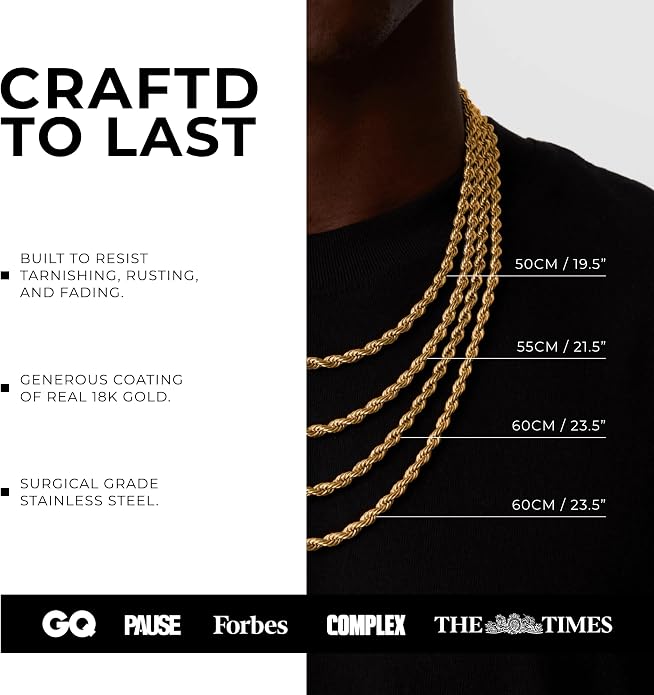 CRAFTD - Gold Rope Link Chain - Durable 18K Gold & 316L Stainless Steel - Waterproof, Heat & Sweat Resistant - Gifts for Men - Men's Jewelry
