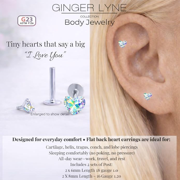 Titanium Heart CZ Labret Stud Earrings for Piercings by Ginger Lyne 6Pc Set G23 Screw Front Flat Back Body Jewelry 2 pair post 6mm, 8mm Cartilage, Helix, Tragus, Lip, Conch, Lobe