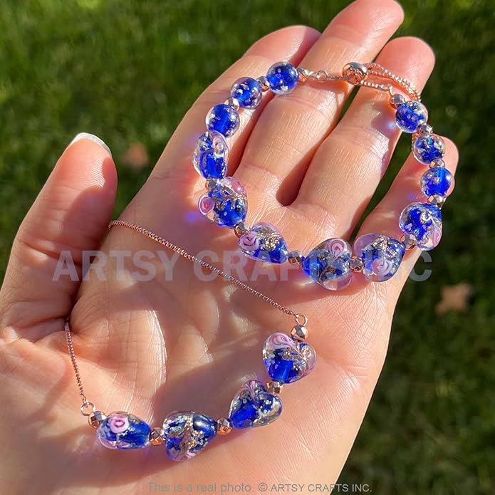 ARTSY Crafts Glow in the Dark Heart Shaped Glass Bead Bracelets & Necklaces, Handmade in USA