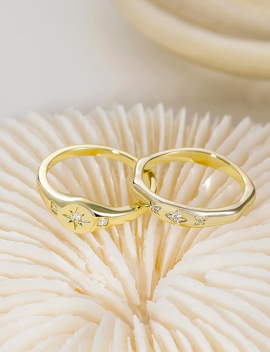 Mameloly 2.5mm 14K Gold Plated CZ Wedding Bands for Women Dainty Stackable Tiny Signet Ring Statement Rings for Her Size 3-10
