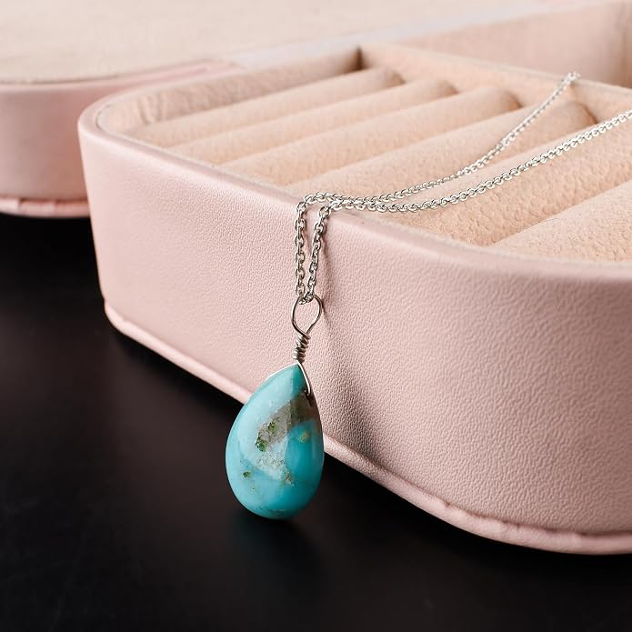 Gifts For Men Turquoise Jewelry Gemstone Pear Dainty Pendant Necklace Women for Her, Crystals, Birthstone, Healing Stones, Rhodium Plating 925 Sterling Silver 18 inch