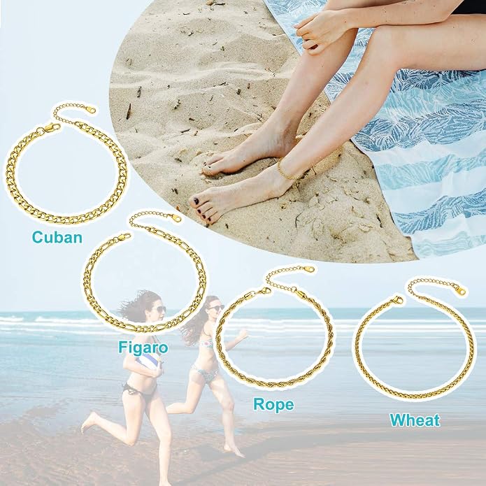 GoldChic Adjustbale Link Chain Anklet for Women Summer Jewelry, 316L Stainless Steel Figaro/Wheat/Twist Rope/Cuban Foot Bracelet-Waterproof, Resizable 9"-12" (Gift Box Included)