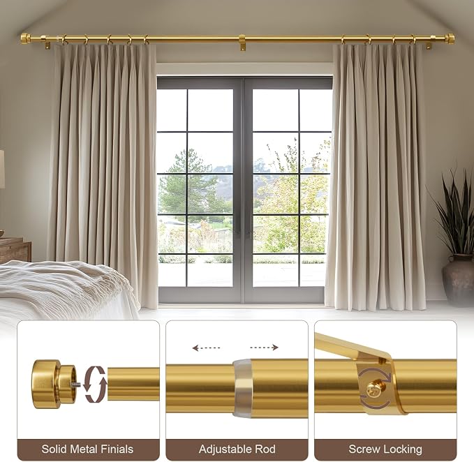 Lootkell 2 Pack Modern Gold Curtain Rods for Windows 72 to 144 Adjustable Heavy Duty 1" Diameter Brass Window Curtain Rod with Solid Metal Finials for Outdoor Farmhouse Bedroom Kitchen Living Room