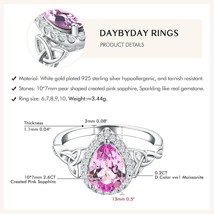 DAYBYDAY Celtic Birthstone Rings for Women 925 Sterling Silver Heart/Round/Pear/Oval Created Gemstone Moissanite Halo Engagement Promise Rings for Her Wife Birthday Anniversary Wedding Jewelry