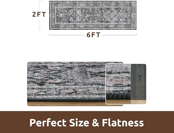 AMOAMI-2X6 Runner Rug-Washable Runners for Hallways-Soft Non Slip Bedside Rugs for Bedroom-Vintage Long Rug for Hallways Entryway Laundry Room Stair Kitchen Bathroom Dark Grey & Black