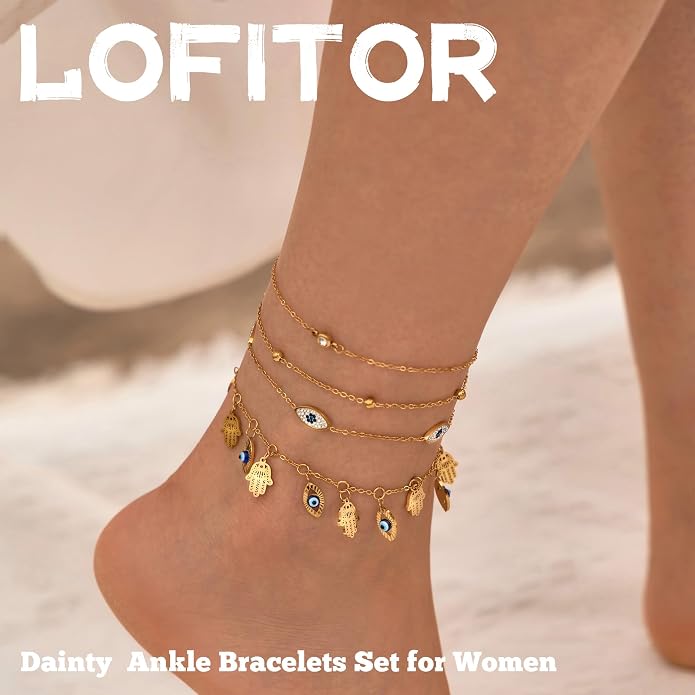 LOFITOR Ankle Bracelets for Women Glitter Waterproof Adjustable Anklet Set for Women 18K Gold Plated Silver Charm Dainty Layered Anklets, Summer Beach Anklet Jewelry for Women