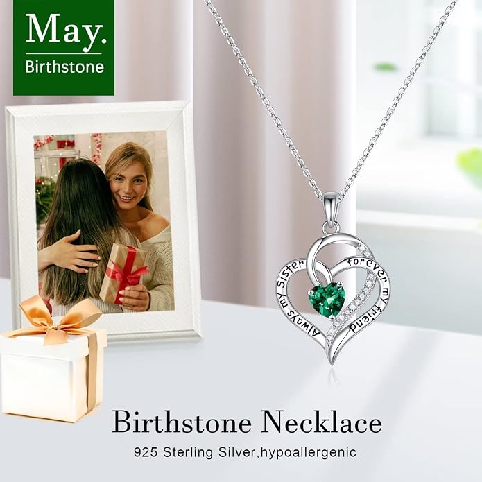 Iefil Gifts for Sister - 925 Sterling Silver Birthstone Necklace Sisters Jewelry