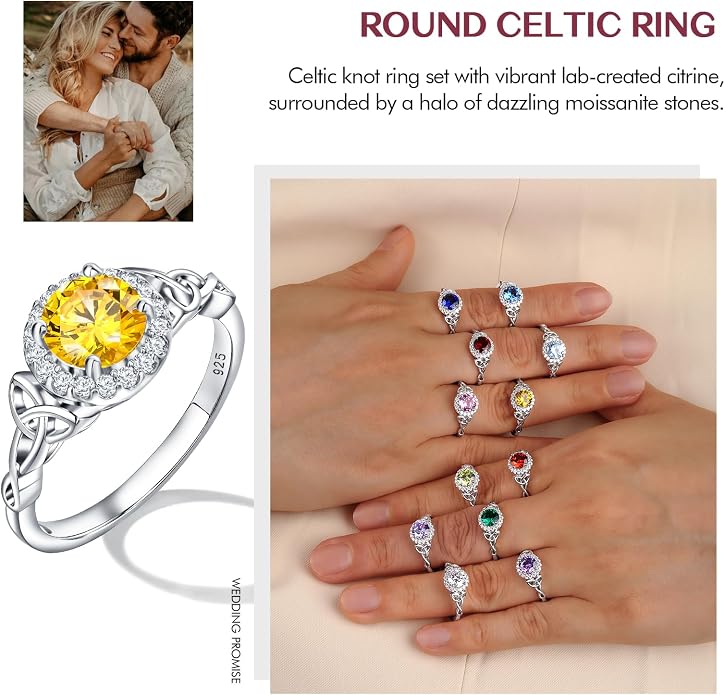 DAYBYDAY Celtic Birthstone Rings for Women 925 Sterling Silver Heart/Round/Pear/Oval Created Gemstone Moissanite Halo Engagement Promise Rings for Her Wife Birthday Anniversary Wedding Jewelry