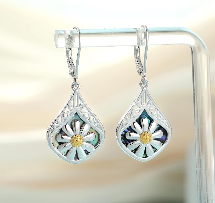 Sterling Silver Abalone Shell Filigree Dangle Drop Earrings Bohemia Jewelry Gift for Women Mother Mom