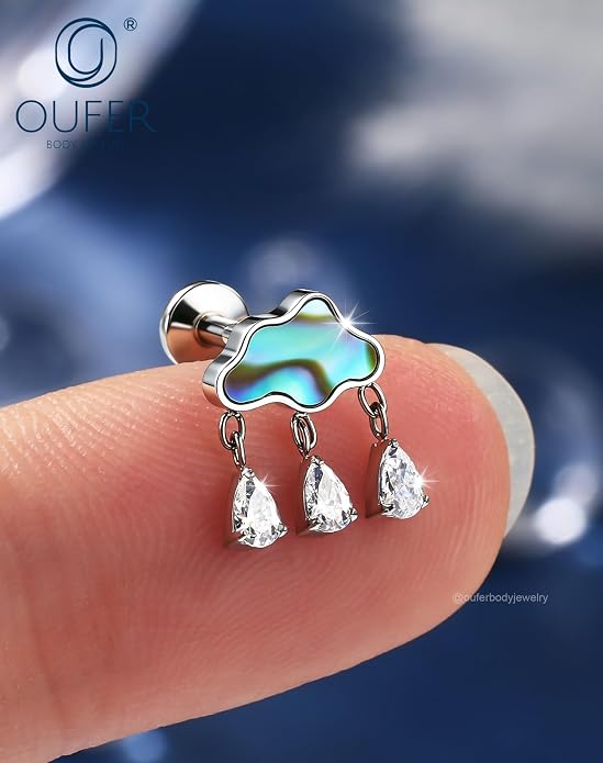 OUFER Body Piercing Titanium Cloud Helix Piercing Jewelry 16G Dangle Helix Earrings for Women Internally Thread Conch Helix Stud Flat Back Cartilage Earring Studs Surgical Steel Cartilage Jewelry
