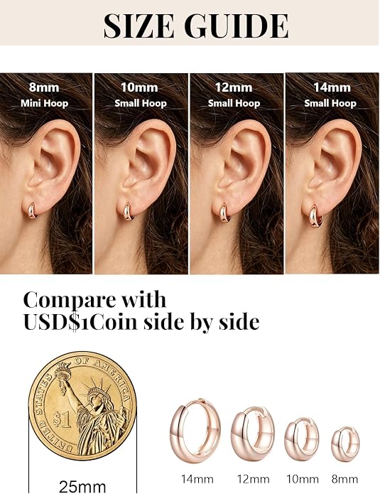 Silvora 14K Gold Plated Chunky Hoop Earrings for Women, Small Thick Huggie Hoops with 925 Sterling Silver Post, Hypoallergenic Lightweight Hoop Earrings, 8/10/12/14mm