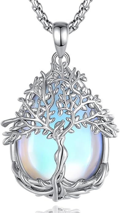 Vito Tree of Life Necklace for Women Men, Silver Plated Copper Teardrop Moonstone/Obsidian/Turquoise/Amethyst/Malachite Crystal Tree Necklace Protection Energy Amulet Jewelry Gift for Mom Wife, 20+2"