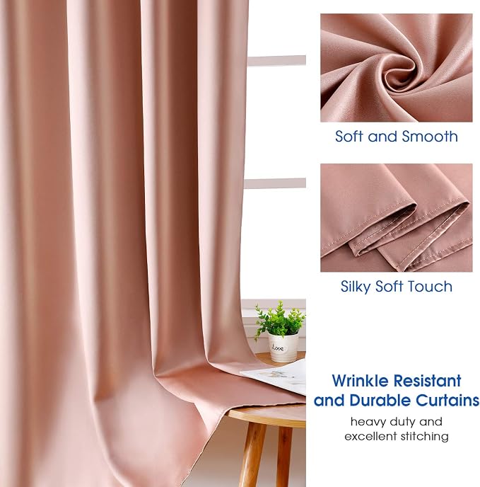 HOMEIDEAS 2 Panels Blush Pink Faux Silk Blackout Luxury Curtains, 52 X 96 Inch Room Darkening Satin Thermal Insulated Vintage Window Drapes for Bedroom Decor, Indoor