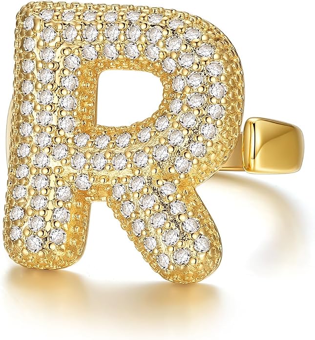 KeyStyle Bold Initial Letter Rings Adjustable, GoldChic Jewelry Women Gold Statement Ring Personalized Engraved Women’s Open Signet Ring for Party (Gold, White Gold, Black)