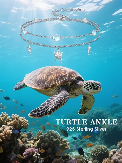 Wave/Dolphin Bracelet/Sea Turtles Anklet 925 Sterling Silver Adjustable Moonstone Bracelet/Anklet Summer Ocean Jewelry Gifts for Women