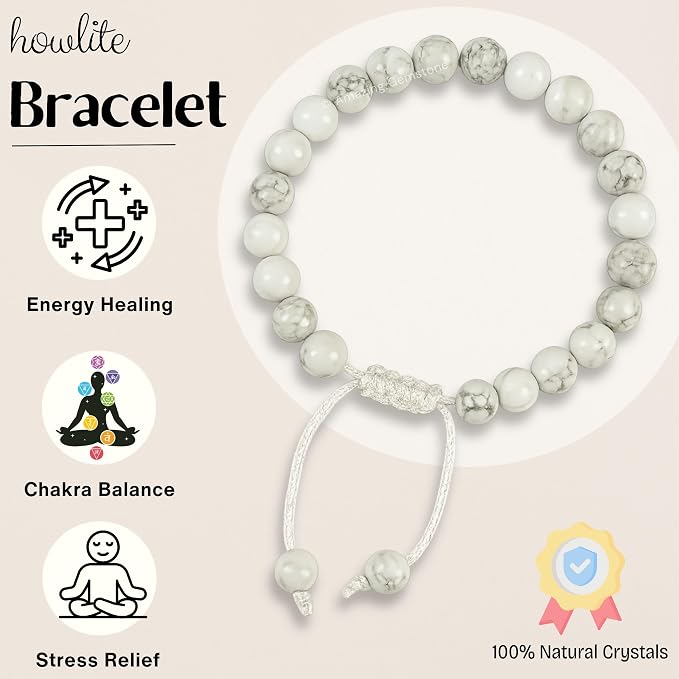 Amazing Gemstone Howlite Bracelet, Gifts for Men & Women - Protection Healing Crystal Bracelet - 8mm Gemstone Beaded Adjustable Bracelet, Pulseras para Hombres Mujer Stocking Stuffers