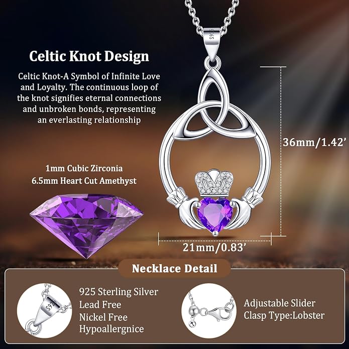 Gift Birthstone Necklaces for Women 925 Sterling Silver Irish Claddagh Necklace for Women Heart Birthstone Pendant Necklace Anniversary Birthday Gifts for Wife Lady Cable Chain 18"+2"