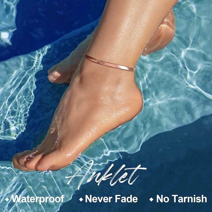 FOCALOOK 14K Gold Plated Anklets for Women Waterproof Plus Size Ankle Bracelet 8.5-10.5 Inch Adjustable Mariner/Figaro/Flat Snake/Cuban Link Chain Anklet Jewelry for Summer Beach Holiday