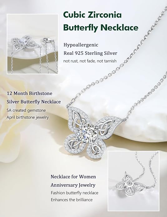 925 Sterling Silver Birthstone Necklaces for Women, Dainty Cute Dragonfly/Butterfly Pendant Necklace, Great Christmas/Anniversary Jewelry for Mother
