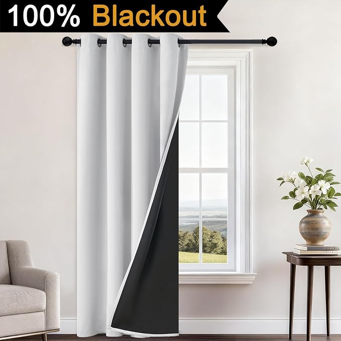 Yakamok Greyish White Blackout Curtains 84 Inches Long 52" Wide, 1 Panel | Blackout Curtain Panels for Bedroom, 2 Thick Layers Grommet Top Thermal Insulated Drapes with Black Liner for Living Room