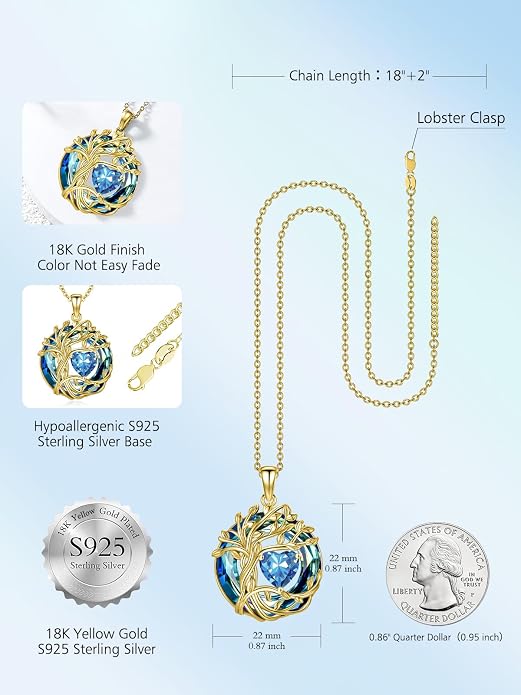 TOUPOP Tree of Life Birthstone Necklace Sterling Silver Pendant Birthstone Necklaces with Blue Crystal Anniversary Birthday Jewelry for Women Mom Wife Her