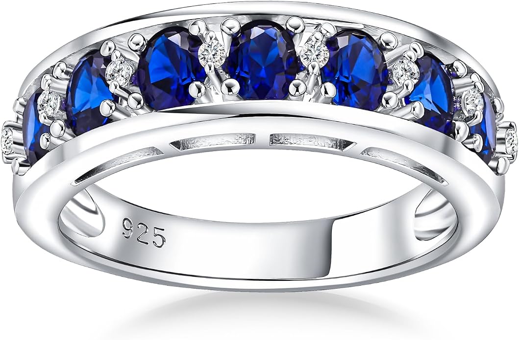 DAYBYDAY Oval Band Rings for Women, 925 Sterling Silver/14k Gold Plated Half Eternity Ring, Aquamarine/Ruby/Emerald/Sapphire Birthstone Rings, Thick Band Gemstone Anniversary Ring Size 6 to 10