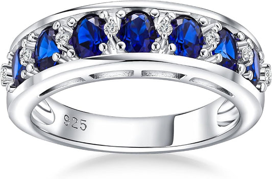 DAYBYDAY Oval Band Rings for Women, 925 Sterling Silver/14k Gold Plated Half Eternity Ring, Aquamarine/Ruby/Emerald/Sapphire Birthstone Rings, Thick Band Gemstone Anniversary Ring Size 6 to 10
