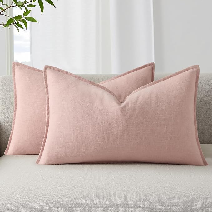 decorUhome Fall Pink Linen Throw Pillow Covers 12x20 Set of 2 | Decorative Soft Cozy Modern Farmhouse Boho Accent Pillow Cases with Flange Edges for Couch Bed Sofa Living Room Home Decor