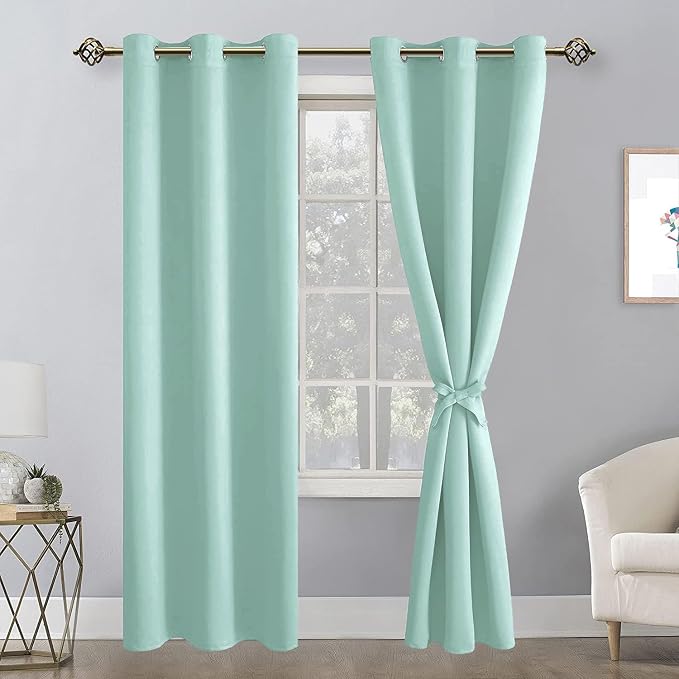 Hiasan Blackout Curtains for Bedroom, 42 x 84 Inches Long - Thermal Insulated & Energy Saving Window Curtains for Living Room, 2 Drape Panels Sewn with Tiebacks, Aqua