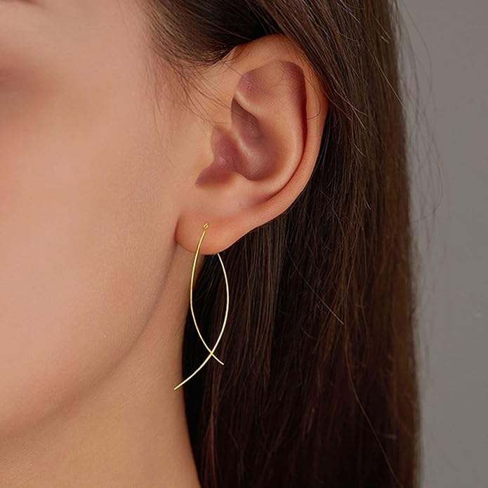925 Sterling Silver Dainty Hard Wire Threader Dangle Earrings for Women 14k Gold Plated Tassel Threader Pull Through Long Half Hoop Earring Wedding Bridal Birthday Jewelry Gifts