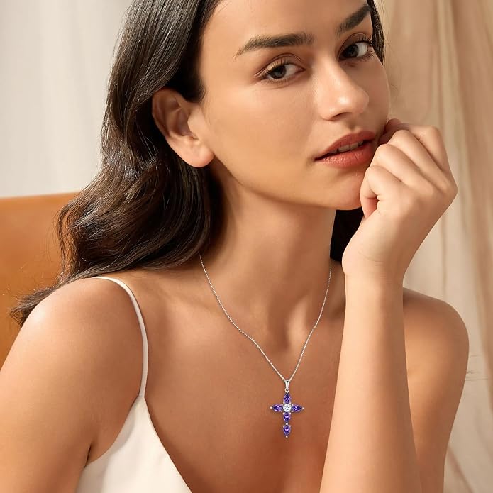 Cross Necklace for Women 925 Sterling Silver Teardrop Birthstone Pendant Religious Jewelry Gifts for Women