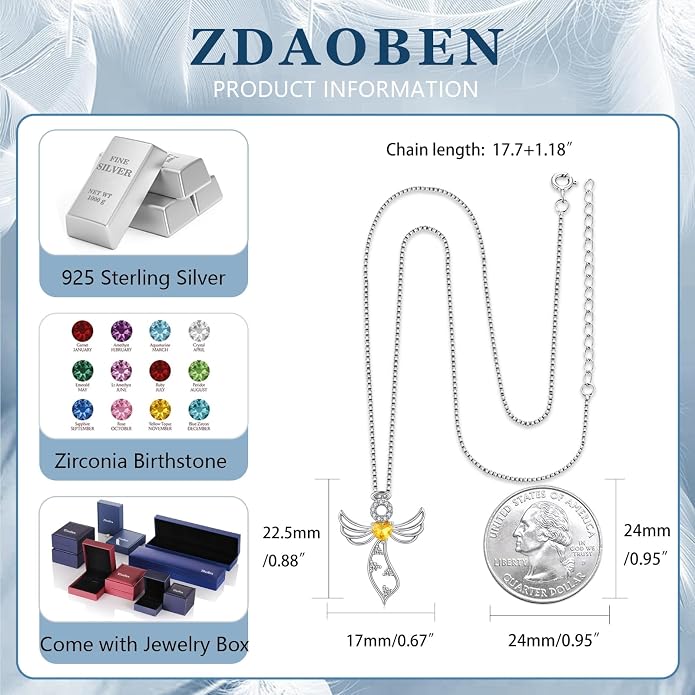 925 Sterling Silver Guardian Angel Pendant Necklace for Women - Birthstone Cubic Zirconia, 18" Chain, Gift for Her
