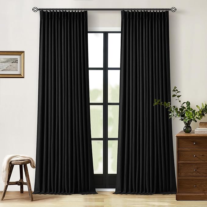 TWODRAPES Black Pleat Linen Blackout 102 Inch Curtains for Bedroom 2 Panels | 100% Black Out Thermal Insulated, Pinch Pleat with Rings Hooks, Room Darkening Drapes with Liner, for Living Room W40xL102
