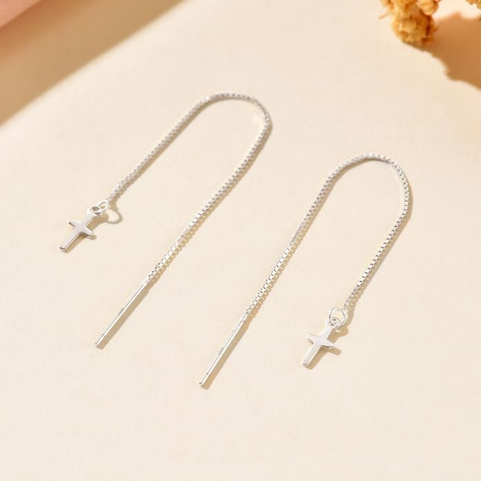 Cross Threader Earrings for Women 925 Sterling Silver Dainty Long Chain Ear Line 14K Gold Plated Elegant Cross Faith Dangle Tassel Earrings Hypoallergenic Drop Stud Christian Wedding Jewelry Gift