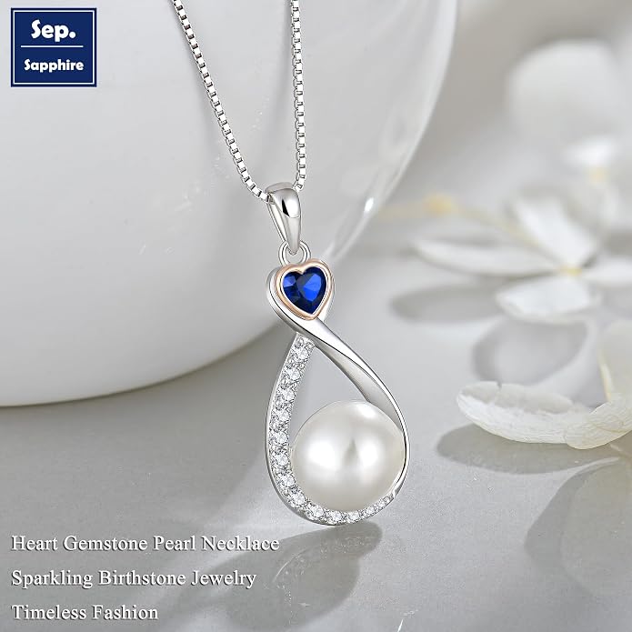 Heart Birthstone Pearl Pendant Necklace, 925 Sterling Silver Infinity Necklace with 10mm Freshwater Cultured Pearl & 4mm Gemstone Jewelry for Women