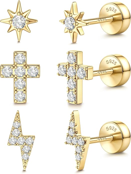 14K Gold Plated Solid 925 Sterling Silver Post Flat Back Earrings Stud | Cartilage Helix Conch Tragus Piercing Jewelry 3 Pairs Tiny Screw Dainty CZ Opal Earring Set Men Women