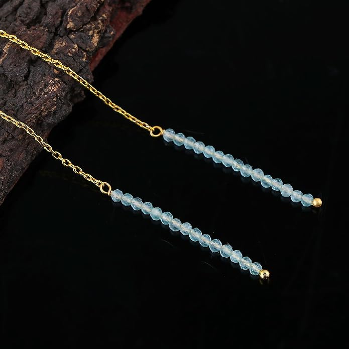 Natural Gemstone Threader Earrings for Women - Dainty 2mm Faceted Beads - Birthstone Crystal Drop Earrings - Silver Plated Healing Jewelry