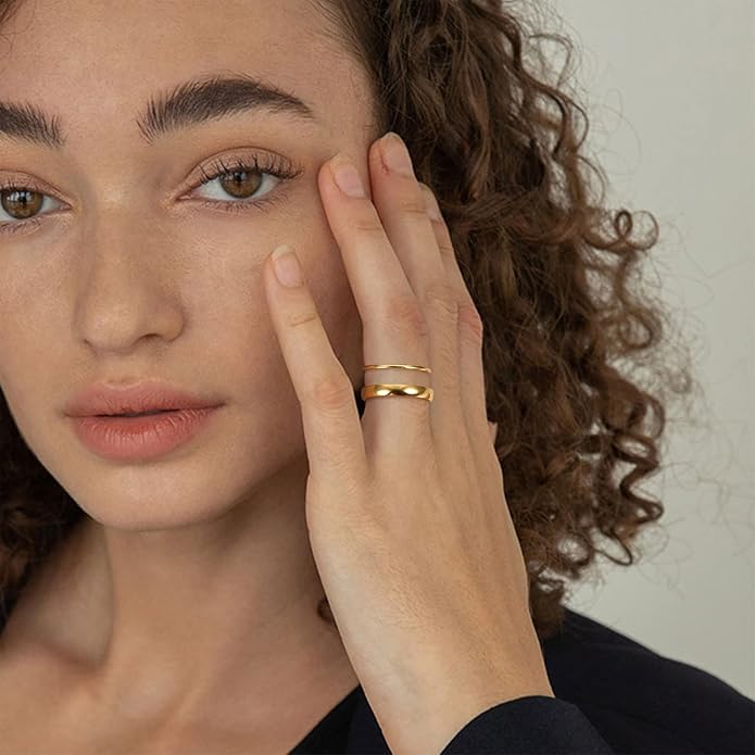 Jstyle 14K Gold Filled Stacking Rings for Women, Minimalist Stackable Gold Rings, Dainty Non Tarnish Pinky Thumb Statement Thin Band Rings Set, Comfort Fit 1mm 3mm