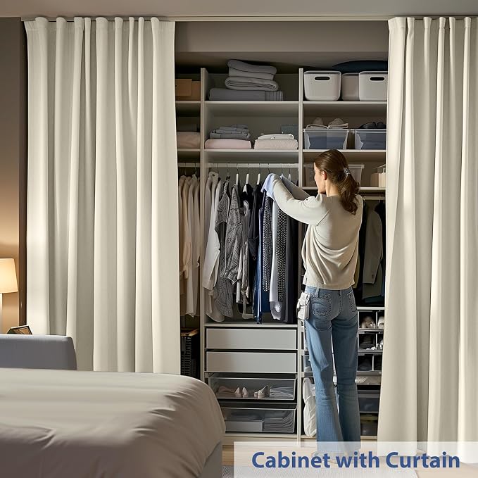 Room Divider Ceiling Mounted Curtains Track Sets Extra Wide Blackout Curtain Flexible Tracks for Bedroom Privacy Partition Separator, 1 Panel Beige Drape and White Rail, W12.5 x H7ft