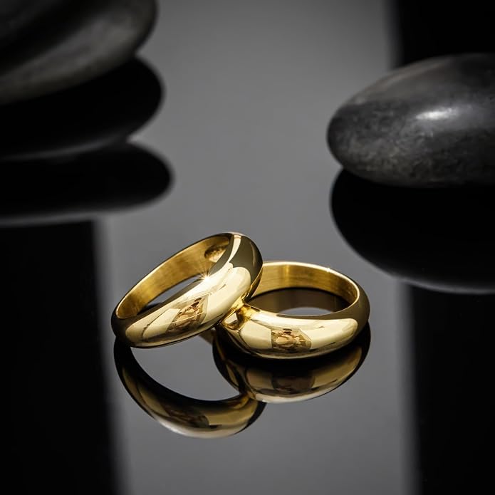 Non Tarnish Gold Chunky Rings for Women, 14K Gold Plated Statement Dome Rings Stacking Silver, Adjustable Mens Eternity Wedding Band Mixed Metal Jewelry Size 3-13