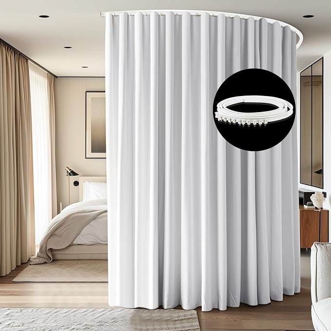 Room Divider Ceiling Mounted Curtains Track Sets Extra Wide Blackout Curtain Flexible Tracks for Bedroom Privacy Partition Separator, 1 Panel White Drape and White Rail, W15 x H8ft