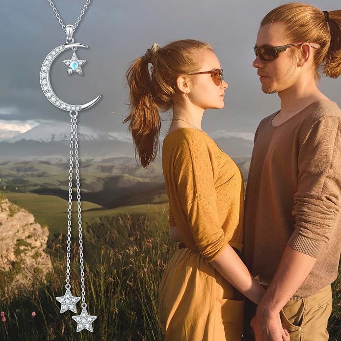Ladytree 925 Sterling Silver Crescent Moon and Star Necklace with Created Moonstone Long Y Necklace Elegant Jewelry Gift for Women