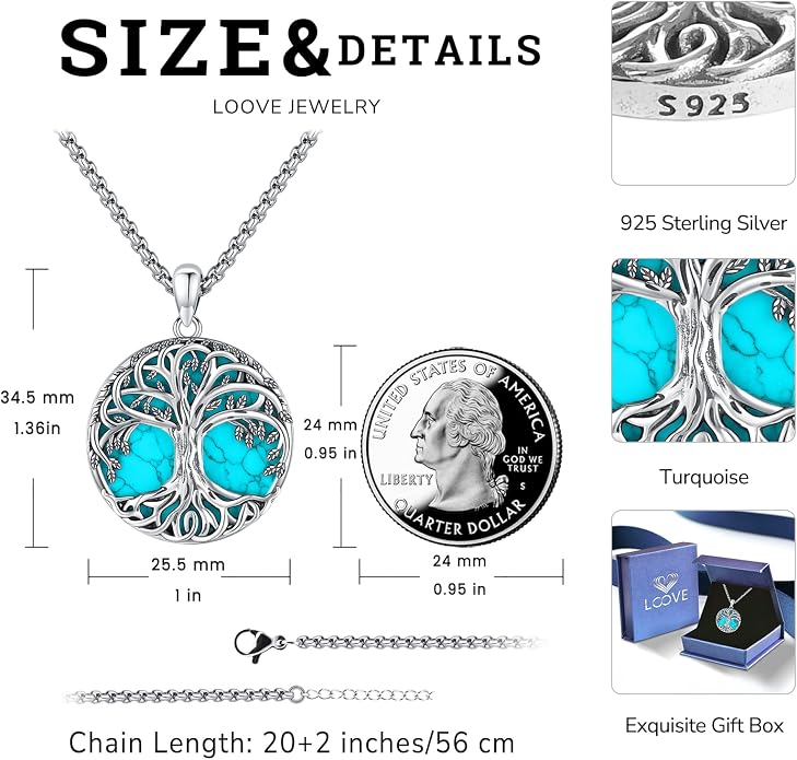 Jewelry Gifts - Tree of Life Necklace Sterling Silver Abalone Shell/Opal/Moonstone/Black Onyx/Turquoise/Malachite/Crystal Family Tree of Life Jewelry for Women Men