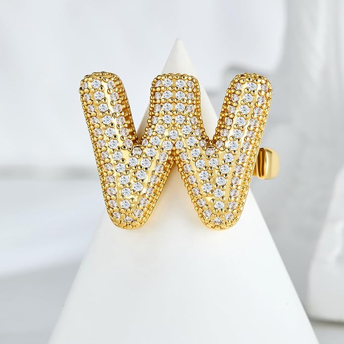 Cicy Bell Initial Rings for Women 14k Gold Plated Cubic Zirconia Delicate Letter Chunky Statement Open Rings Gifts for Her