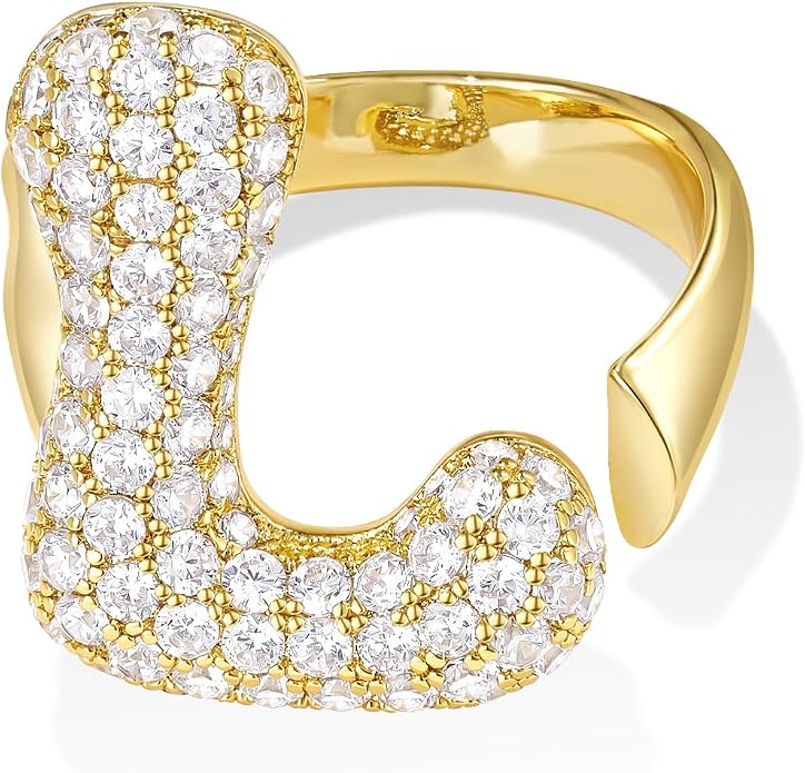 KissYan Bubble Initial Ring for Women, 14K Gold Plate Balloon Jumbo Letter Rings Open Adjustable Dainty Pave CZ Personalized Fashion Jewelry Gift for Mother's Day