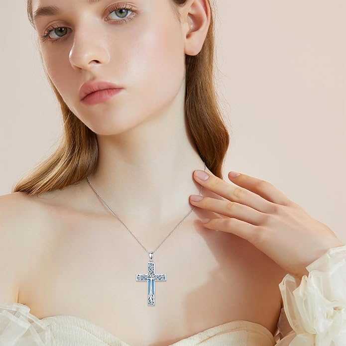 HPQQ Cross Necklace 925 Sterling Silver Turquoise Tree of Life Celtic Knot Cross Pendant Jewelry Mother's Day Gifts for Women