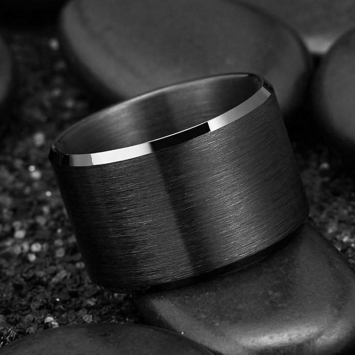 King Will Tungsten Men's Wedding Ring - Available in 6mm to 10mm, Black/Silver, Matte Finish, Beveled Polished Edge, Comfort Fit
