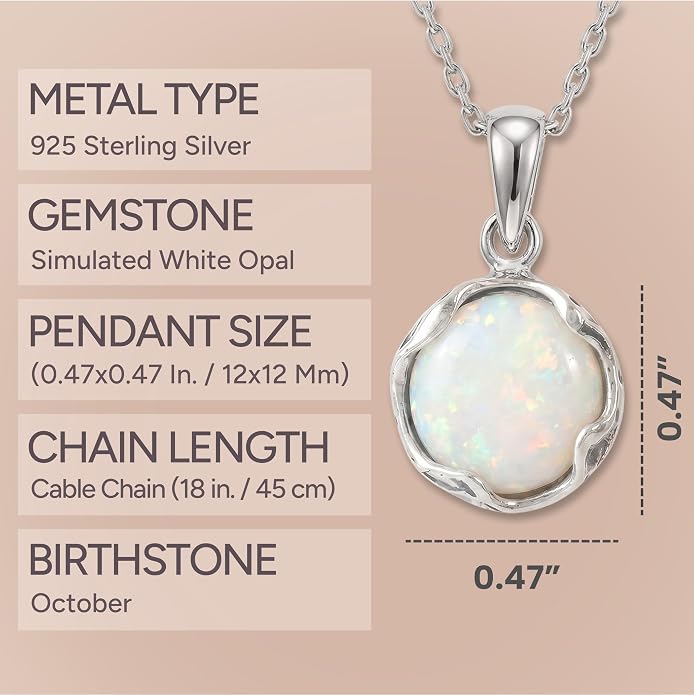ADITA GOLD 925 Sterling Silver White Opal Necklace, Dainty 12mm Round Gemstone Pendant, October Birthstone Bridal Wedding Jewelry, Handmade Vintage Statement Jewel for Classy Brides and Women
