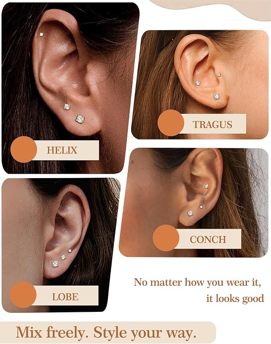 3 Pairs Moissanite Flatback Stud Earrings for Women, 925 Sterling Silver Hypoallergenic Flat Back Cartilage Earrings Set, 18K White Gold Plated